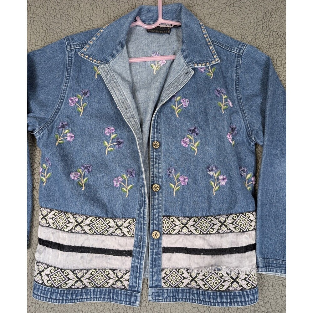 Vintage Casual Designs Blue Denim Jacket Floral Cottagecore Boho Size Medium